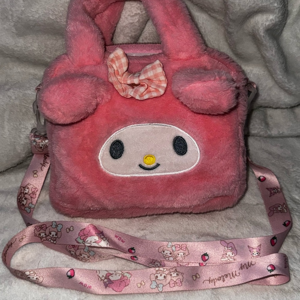 Sanrio My Melody Pink Plush Crossbody Bag Kawaii Fleece Handbag & Printed Straps